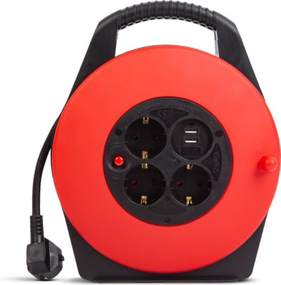 Delight Kabelhaspel Verlengkabel op Rol – 10 Meter – 3x1.5 mm² – 3 Geaarde Stopcontacten – 2x USB-A – Verlengkabel op Haspel