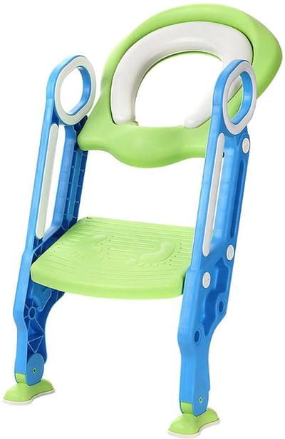 Opvouwbare Kinder Toilettrainingstoel met Trap – Verstelbare Hoogte, PU-Kussen & Handgrepen – Pastelblauw/Groen – Duurzaam & Hygiënisch