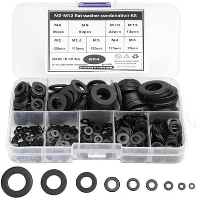 Set van 684 Platte Ringmoeren in 9 Maten met Plastic Opbergdoos - Carbon Staal, Voor Mechanische Bevestigingsmiddelen, Zwart, Duurzaam en Betrouwbaar