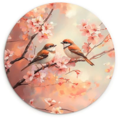 WallCircle® Wandcirkel 120x120 cm - Muurcirkel Vogels - Romantic - Bloesemtak - Muurdecoratie woonkamer - Wanddecoratie slaapkamer - Kamer decoratie accessoires - Ronde schilderijen XXL
