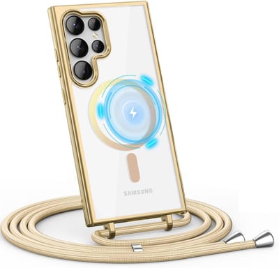 Casemania Hoesje Geschikt voor Samsung Galaxy S25 Ultra - Goud - Siliconen Back Cover met Koord - Geschikt voor MagSafe - Telefoonhoesje met Koord - Crossbody Lanyard Cord Case