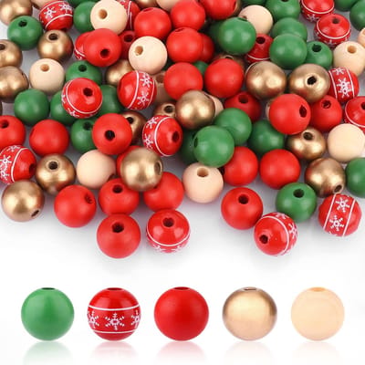 200st Kerst Houten Kralen voor Ambachten, 16 mm Gekleurde Houten Kralen met 10 m Henneptouw Christmas Wooden Beads Kerst Kralen voor Ambachten Ornamenten Kerst Slinger