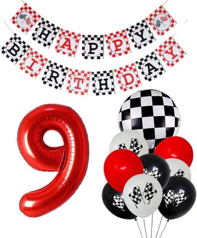 Snoes Racecijferballon 9 Plus Pakket - Verjaardag Ballonnen Race Thema - Rood, Wit & Zwart