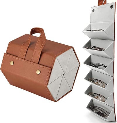 Dailygoods- Zonnebril Opbergdoos 6-Slots - Brillen Organizer - Opvouwbaar - Lichtgewicht - PU Lederen - Handvat voor Transport - Brillenorganizer