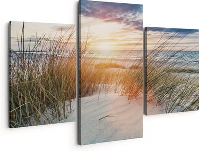 Artaza Canvas Schilderij Drieluik Strand en Zee vanuit Duinen met Zonsondergang - 150x120 - Groot - Foto Op Canvas - Canvas Print