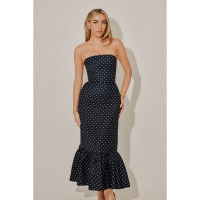 Odd Muse Strapless Peplum Midi Dress Navy & Polka Dot Maat: XS | Midi Jurken Outlet | Dames | Blauw