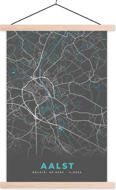 Posterhanger incl. Poster 40x60 cm - Schoolplaat - Plattegrond – Aalst – Blauw – Stadskaart - Kaart - Textielposter - Blanke latten - Stadskaart
