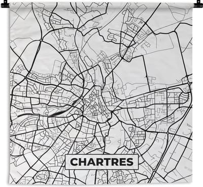Wandkleed - Wanddoek - Stadskaart – Frankrijk – Chartres - Kaart – Plattegrond - Zwart wit - 180x180 cm - Wandtapijt