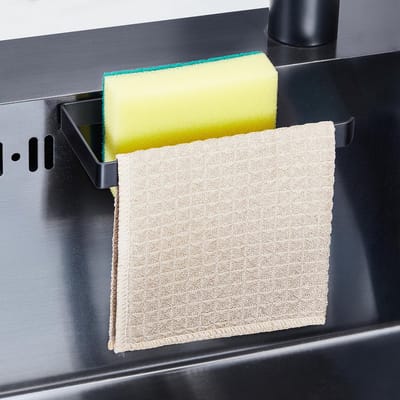 Sponshouder gootsteen, zelfklevende vaatdoekhouder, gootsteen Caddy keuken 2-in-1, roestvrijstalen vaatdoek opslag voor vaatdoek, sponzen, borstel (zwart)