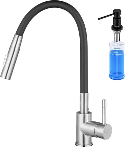 CECIPA max Keukenkraan - Met Flexibele Uitloop - Keuken Kraan - Met Zeepdispenser 300ML - 2 Waterafvoermodi - keukenmengkraan 360° draaibare - Zwart + Zilver