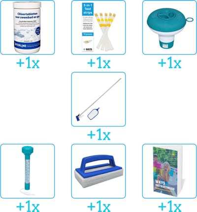 Zwembad Onderhoudspakket - Onderhoud Zwembad - bevat Chloor - Testrips - Chloordrijver - Schoonmaakset - Thermometer - Scrubborstel en Zwembadgids (7-delig)