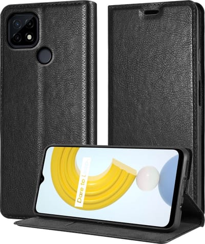 Cadorabo Hoesje geschikt voor Realme C21 in ZWARTE NACHT - Beschermhoes met magnetische sluiting, standfunctie en kaartvakje Book Case Cover Etui