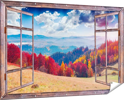 Gards Tuinposter Doorkijk Kleurrijke Herfstbos met Heuvellandschap - 180x120 cm - Tuindoek - Tuindecoratie - Wanddecoratie buiten - Tuinschilderij