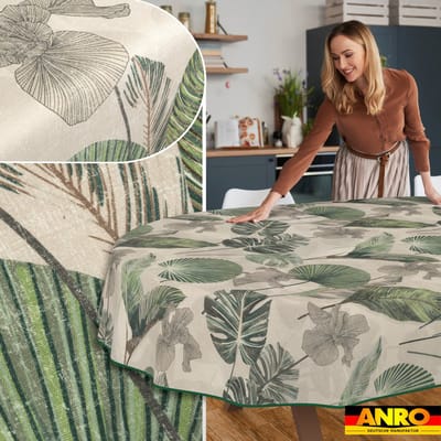 ANRO Tafelkleed Bloemenornamenten Beige Ovaal 160x140cm Met sierband Afwasbaar Waterafstotend