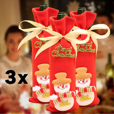 Allernieuwste.nl® 3 STUKS Kerst Wijn Hoes Fles Zak van Stof met Sneeuwpop Wijnfles Drank - Kerstgeschenk Xmas 3 Stuks