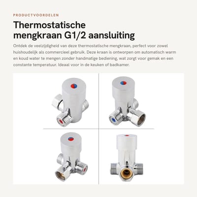 Dailygoods- Mengkraan Thermostatisch - G1/2 Aansluiting - Koud/warm Water - Mengverhouding - Messing - Eenvoudige Installatie - Waterkraan