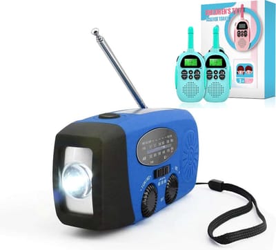 Noodpakket - 6 in 1 Noodradio + Walkie Talkie Twintalker - Nood Radio Opwindbaar + Zonneenergie - Op ingebouwde Batterijen ( Accu ) - Noodpakket Solar - Voor Noodrantsoen - Rampen - Draagbare - FM AM Blauw