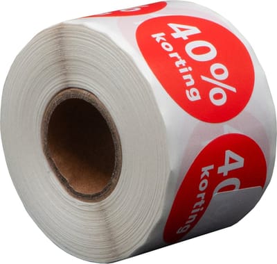 500 Etiketten Rond 40% korting Rood - 35 mm op Rol - Kortingssticker - Reclame sticker - Ronde stickers - DULA