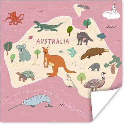 Dieren - Wereldkaart kinderen - Australië - Meisjes - Meiden - Kids - 30x30 cm - Poster