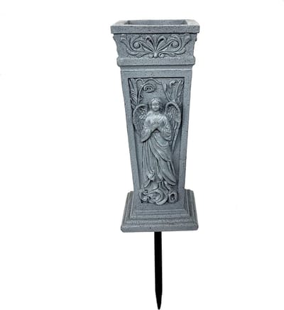 Grafvaas met paal - Herdenkingsvaas - Bloemen plaatsen - Engel design - 38.5 cm hoog - Grijs