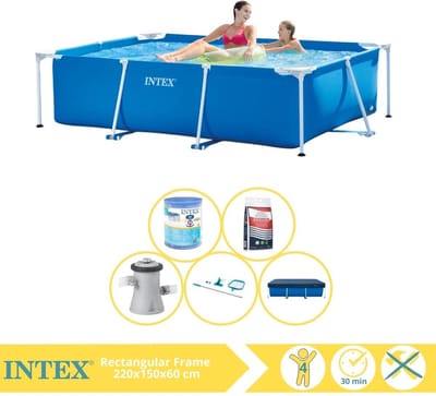 Intex Rechthoekig Frame Zwembad - 220 x 150 x 60 cm - Blauw - Inclusief Afdekzeil - Zwembadfilterpomp - Filter - Schoonmaakset - Zoutwatersysteem - Zwembadzout - 7-delig