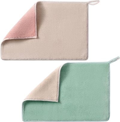 Set van 2 ultra-absorberende microvezeldoeken met koord, zachte reinigingsdoeken voor thuis, groen en kaki, ideaal voor schoonmaken en stofafname