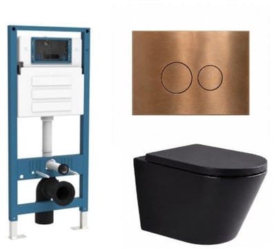 QeramiQ Dely Toiletset - inbouwreservoir Qeramiq Flush - 35mm zitting - metaal koperen bedieningsplaat - ronde knoppen - mat zwart