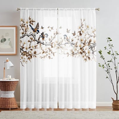 2 Stuks HD digitaal curry kleur bloemen vogels spelen lente afbeelding bedrukt raamscherm Woondecoratie Stijl Decoreren Wonen W52H63inchW132H160cm white