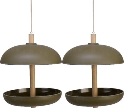Decoris vogel voedersilo - 2x stuks - bamboe hout - donkergroen - 21 x 25 cm