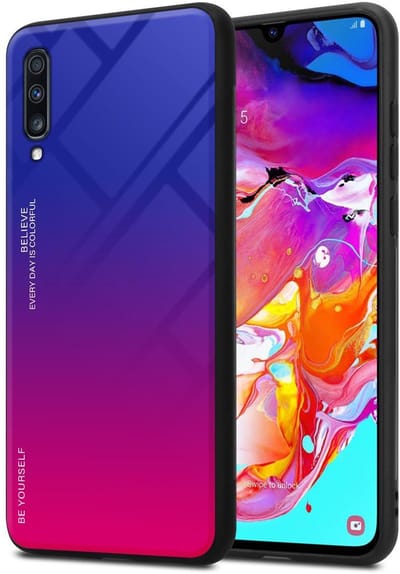 Cadorabo Hoesje geschikt voor Samsung Galaxy A70 / A70s in PAARS - ROOD - Tweekleurige beschermhoes van TPU-silicone Case Cover en achterzijde van gehard glas