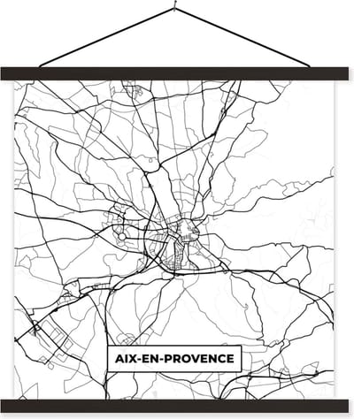 Posterhanger incl. Poster 60x60 cm - Schoolplaat - Aix-en-Provence - Frankrijk - Stadskaart - Plattegrond - Kaart - Zwart wit - Textielposter - Zwarte latten - Stadskaart