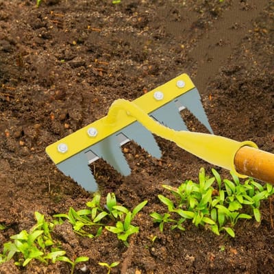 Tuinhark Nivelleerder - Onkruidsteker Trekker - Gazon Onderhoud - Multifunctioneel Tuingereedschap - 5 Tanden - Geel Zilver