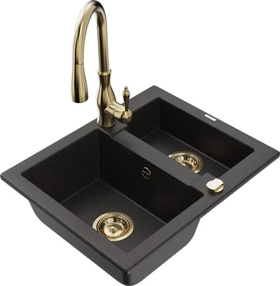 Mexen Carlos granieten spoelbak 1,5-komors met keukenmengkraan Savita, zwart/goud metallic - 6518-75-672601-50