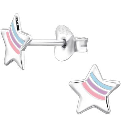 Joy|S - Zilveren ster oorbellen - pastel regenboog - 7 mm - kinderoorbellen