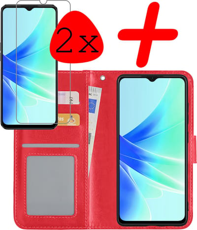 Hoesje Met 2x Screenprotector - Geschikt voor OPPO A57 - Luxe Pasjeshouder - Bookcase Portemonee - Flip Case - Kunstleer Book Case - Flipcase Hoes - Book Cover - Walletcase - Portemonneehoes - Rood