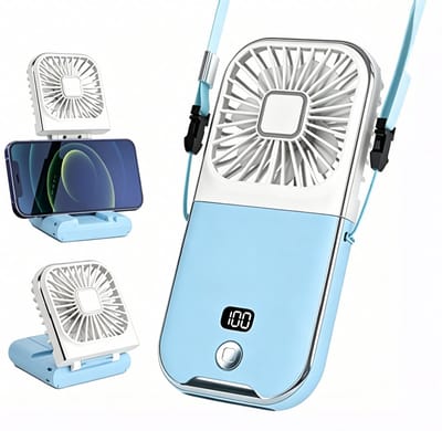 Oplaadbare handventilator / mini-ventilator – Opvouwbare persoonlijke ventilator – Persoonlijke ventilator (3000 mAh) – Handventilator met 7 bladen en led-display – Draagbare nekventilator – Compacte handventilator met instelbare snelheid – Blauw