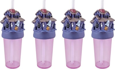 Drinkbekers SPOOKHUIS - 25 cm hoog met draaideksel en rietje - SET van 4 STUKS - Leuk voor halloween