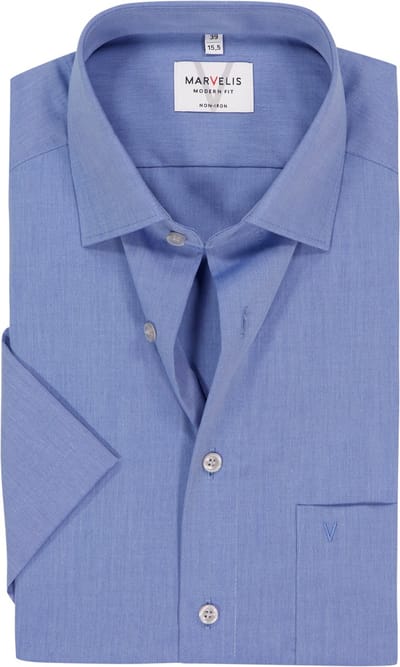 MARVELIS modern fit overhemd - korte mouw - jeans blauw - Strijkvrij - Boordmaat: 42 (EU maat: L)