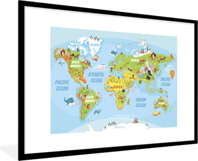 Wereldkaart - Kinderen - Dieren - Schoolplaat - Kinderkamer - 90x60 cm