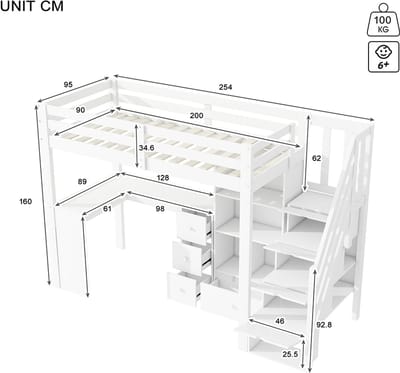 Komhtom Mezzaninebed Kinderbed 90x200 cm met veiligheidshek bureau lades open opbergkast intrekbare opberg ladder wit