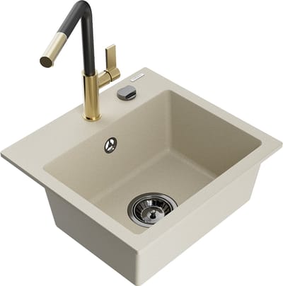 Mexen Milo granieten spoelbak 1-komor met keukenkraan Flora, beige - 6505-69-670401-57-B