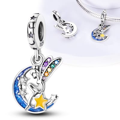 Fler® | Bedel | Past op populaire bedel armbanden (standaard-3mm) | armbandbedel | Elfje sterrenhemel Bedel | Tinkerbel | Hangbedel Charm | 925 zilver | Zirkonia | Gele & Blauwe emaille | Kerstcadeau | Verjaardagsgeschenk | Valentijnsdag kado