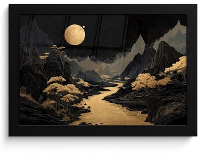 Poster in lijst - Fotolijst 30x20 cm - Posters - Gouden rivier - Bergen - Maan - Sterrenhemel - Posterlijst zwart - Decoratie - Wanddecoratie woonkamer - Muurdecoratie slaapkamer