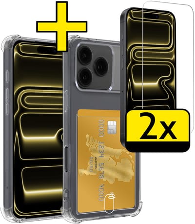 Hoesje - Geschikt voor Apple iPhone 17 Pro - Met 2x Screenprotector - Pashouder - Kaarthouder - Telefoon Hoes Shockproof - Siliconen Case - Back Cover - Shock Proof - Pasjes Houder - Telefoonhoesjes - Transparant