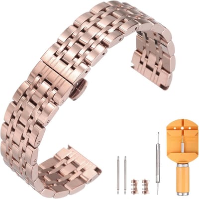 Horlogeband van roestvrij staal 20 mm met snelsluiting en vlindergesp, vervangbaar, roségoud voor heren en dames, inclusief verwijderingsgereedschap