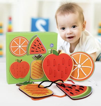 Bamboe Street - fruits rope toys - houten puzzel met veters - vanaf 3 jaar - peuters - kleuters - cadeau - spelen en leren - kinderpuzzel