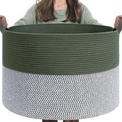 Opbergmand voor kinderkamer, wasmand, grote kerstboommand, mand voor dekens en speelgoed, gevlochten mand, 55 x 35 cm, olijfgroen