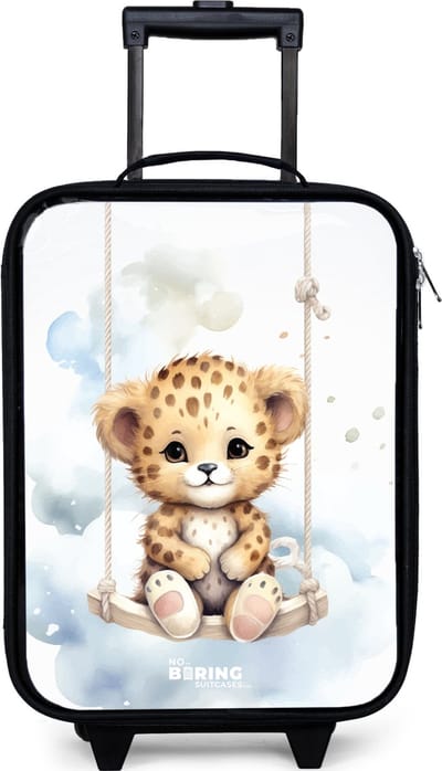 NoBoringSuitcases.com® - Kinderkoffer jongen - Kindertrolley meisje - Cheeta welpje op een schommel in de wolken - Koffer kind lichtgewicht - Reiskoffer trolley voor kinderen - Koffertje met lichtgevende wieltjes - Rolkoffer zwart