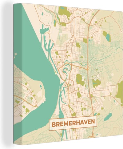 Canvas Schilderij Plattegrond - Bremerhaven - Kaart - Stadskaart - Vintage - 20x20 cm - Wanddecoratie