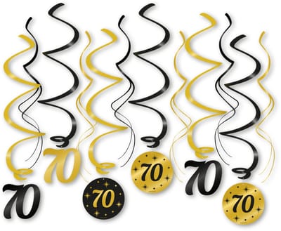 LUQ – Swirls 70 Jaar – Zwart-Goud – Luxe Hangdecoratie – Schitterend Zeventig – Birthday Slingers Versiering – 12 Stuks